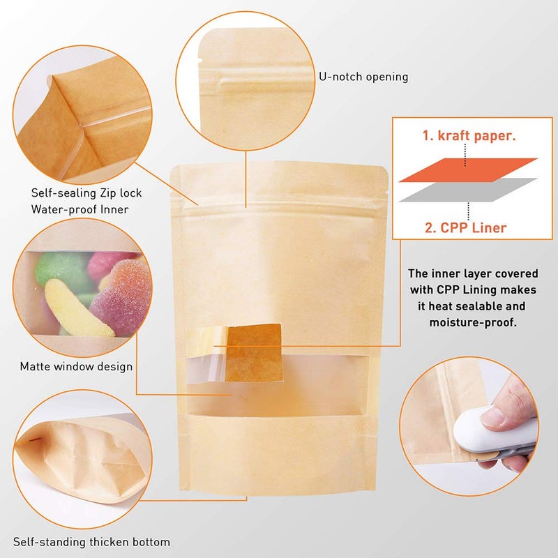 LZLPACKING Kraft Stand Up Pouches bags 100 Pcs,Brown Resealable with Window for Home or Business,Coffee Bags,Food Storage Bags,Sealable Bags for Packaging(4.7Ã—7.9) - Image 3